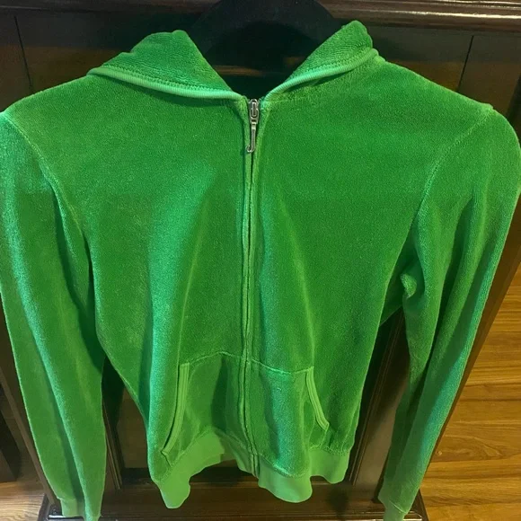 Juicy Couture Vintage Sz S Green Terry Cloth Hoodie w Gold & Crystal Design - Picture 2 of 15